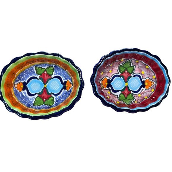 Hand-Painted Mexican Talavera Oval Dish Set Of 2 - Blue & Red Floral Design 5.5" - Picture 1 of 16